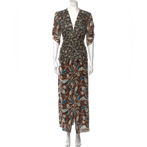 Anna Sui Dress Maxi Midi‎ Ruched Cinched Silk V Neck Brown Floral Women Size 10 - Picture 4 of 9